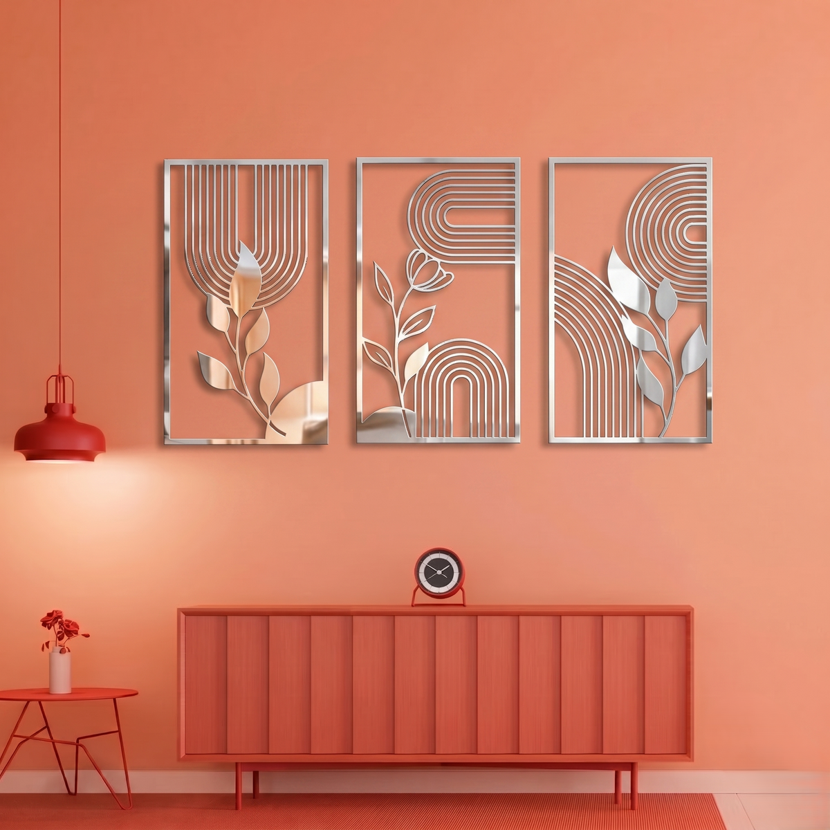 3-Piece Abstract Boho Arch & Botanical Metal Wall Art - Modern Geometric Leaf Decor