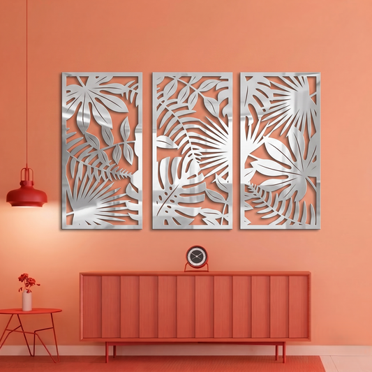 3-Piece Tropical Leaves Metal Wall Art - Modern Botanical Panel Set for Home Decor