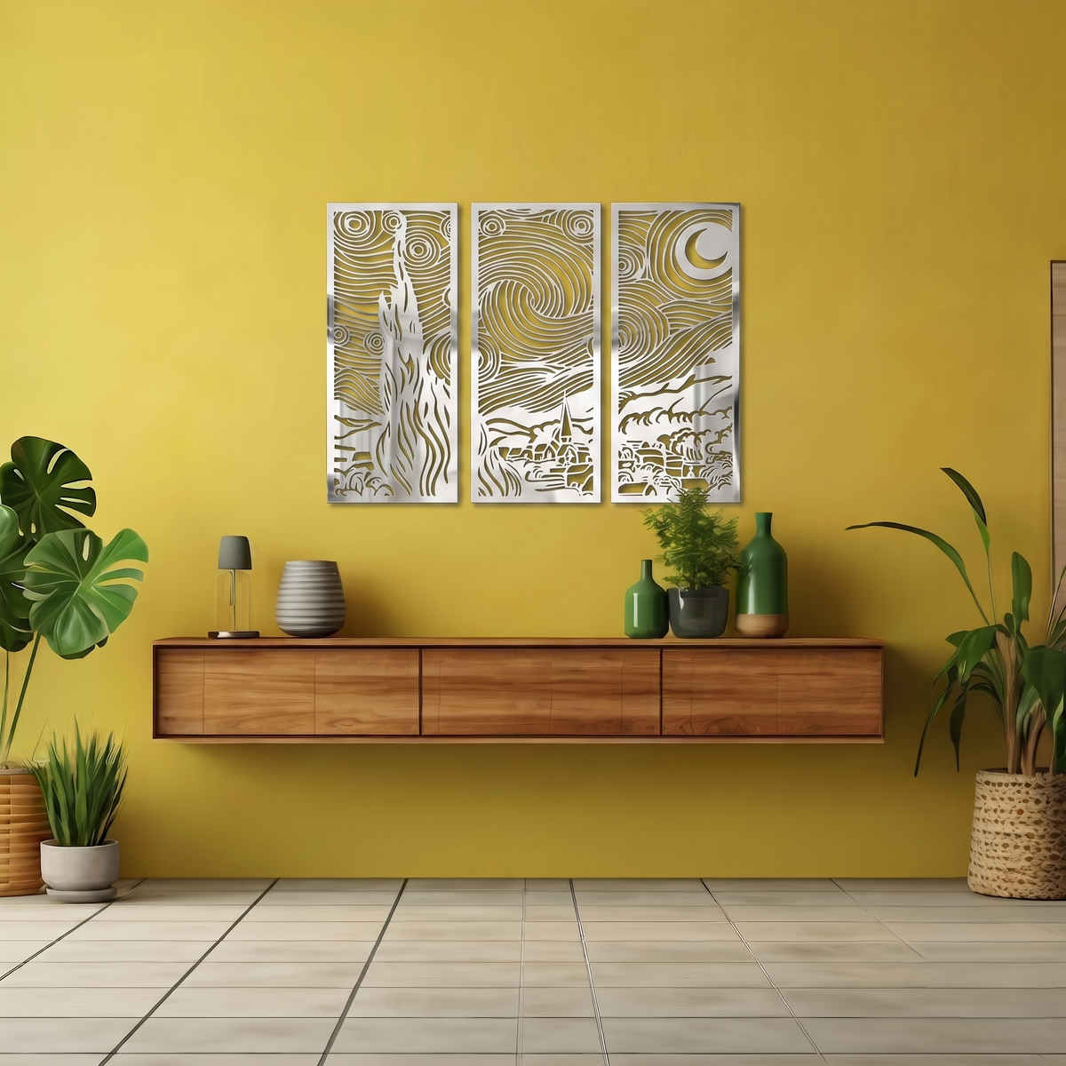 3-Piece Starry Night Metal Wall Art - Van Gogh Masterpiece Silhouette Home Decor