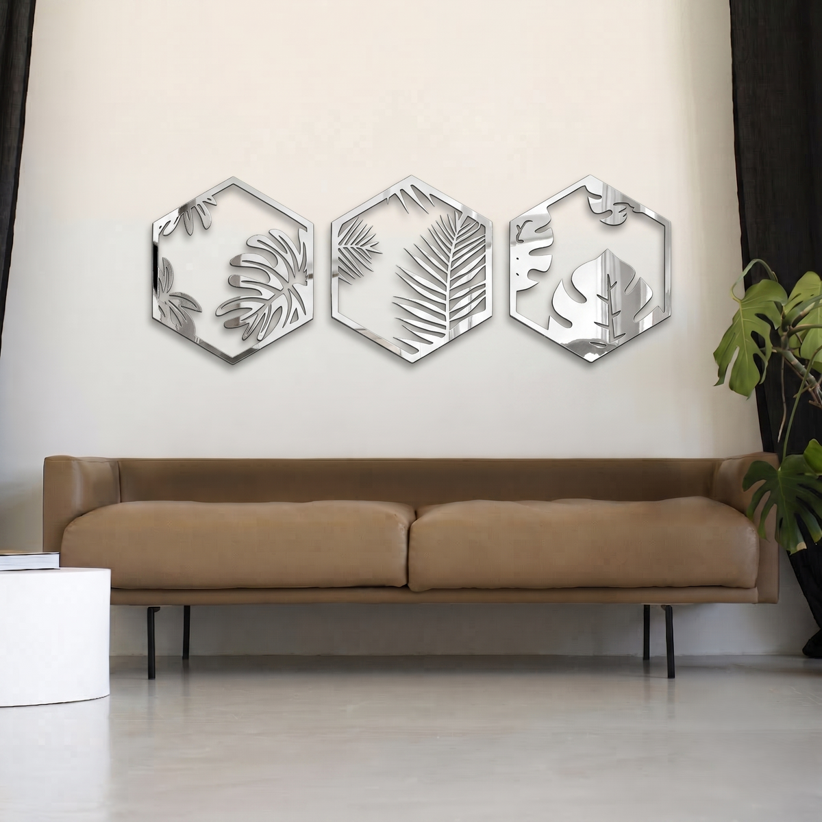 3-Piece Hexagon Botanical Metal Wall Art - Modern Tropical Leaf Panel Set