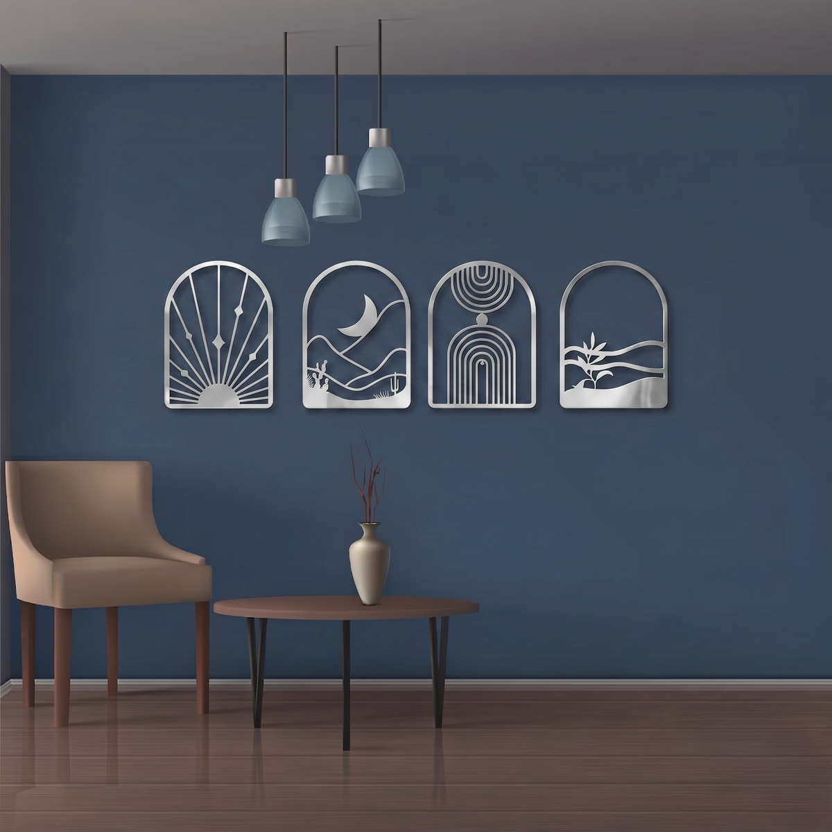4-Piece Boho Arch Metal Wall Art Set - Abstract Sun, Moon & Desert Landscape Decor