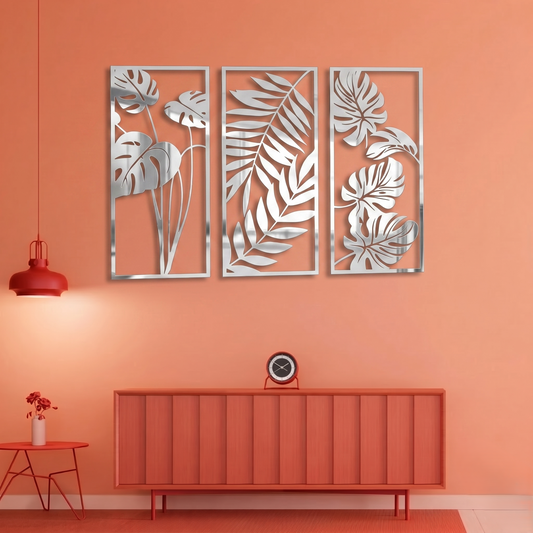 3-Piece Monstera & Palm Leaf Metal Wall Art - Modern Tropical Botanical Panel Set