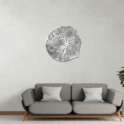 Round Daisy Floral Metal Wall Art - Elegant Botanical Silhouette Home Decor
