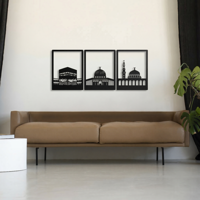 3-Piece Islamic Holy Sites Metal Wall Art - Mecca, Medina & Al-Aqsa Silhouette Decor