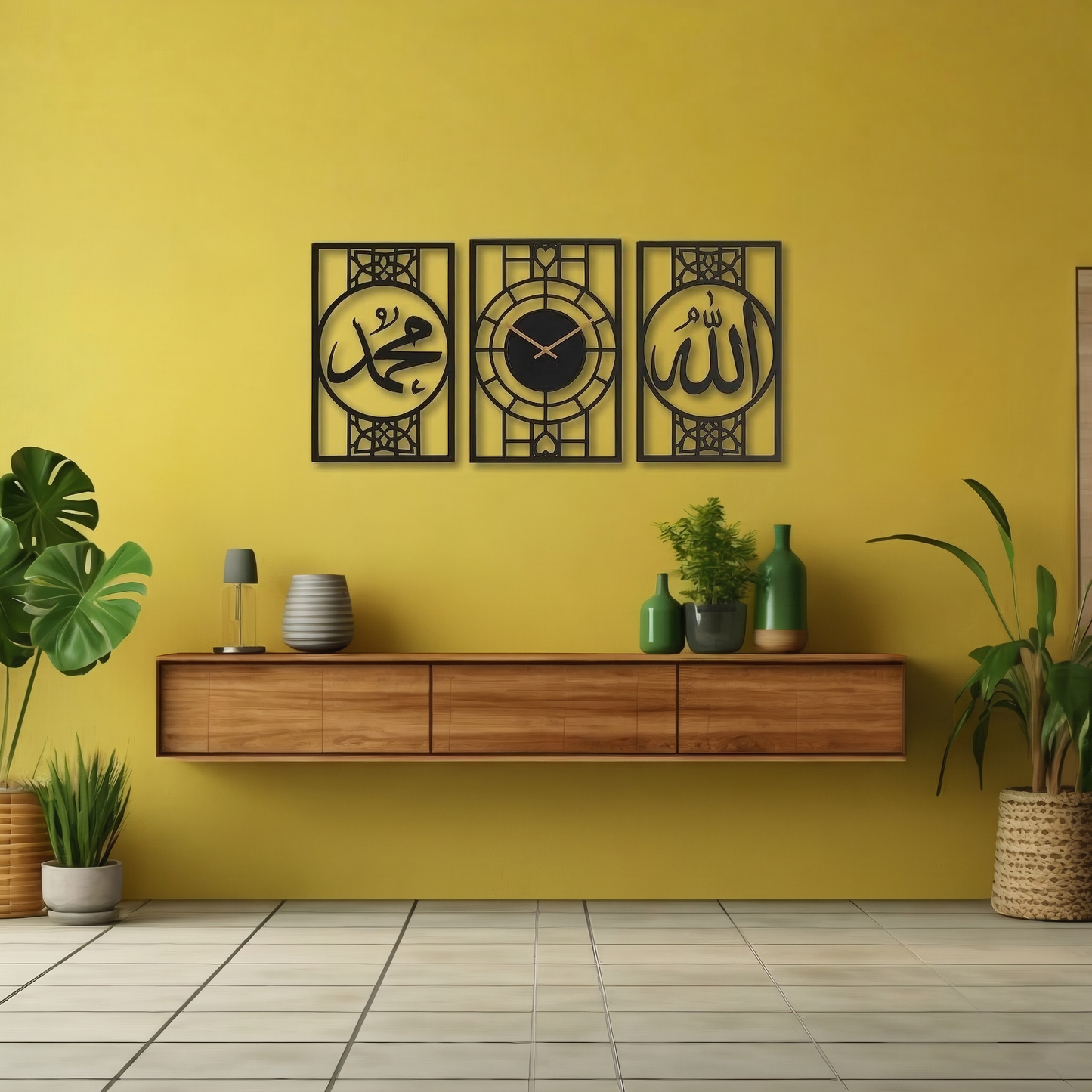 3-Piece Islamic Calligraphy Metal Wall Decor - Allah & Muhammad Panel Set Decor