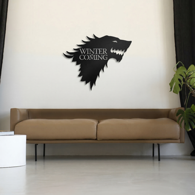 Game of Thrones House Stark Direwolf Metal Wall Art - "Winter is Coming" Sign